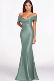 Dusty Sage Mermaid Off The Shoulder Satin Long Formal Dress
