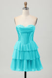 Tiered Strapless A Line Corset Blue Homecoming Dress