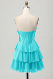 Tiered Strapless A Line Corset Blue Homecoming Dress