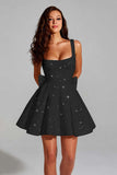 Sparkly Black A-Line Square Neck Homecoming Dress with Bow