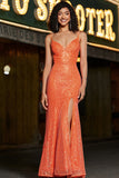 Orange Mermaid Spaghetti Straps Sparkly Sequins Prom Dress With Slit