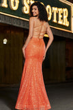 Orange Mermaid Spaghetti Straps Sparkly Sequins Prom Dress With Slit