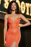 Orange Mermaid Spaghetti Straps Sparkly Sequins Prom Dress With Slit