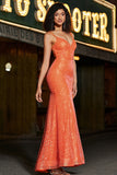 Orange Mermaid Spaghetti Straps Sparkly Sequins Prom Dress With Slit