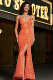 Orange Mermaid Spaghetti Straps Sparkly Sequins Prom Dress With Slit