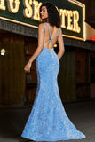 Sparkly Blue Mermaid Spaghetti Straps Long Prom Dress With Sequins