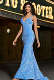 Sparkly Blue Mermaid Spaghetti Straps Long Prom Dress With Sequins