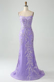 Lilac Mermaid Spaghetti Straps Corset Back Long Prom Dress with Embroidery