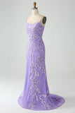 Lilac Mermaid Spaghetti Straps Corset Back Long Prom Dress with Embroidery
