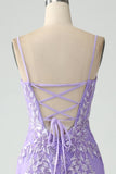 Lilac Mermaid Spaghetti Straps Corset Back Long Prom Dress with Embroidery