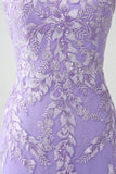 Lilac Mermaid Spaghetti Straps Corset Back Long Prom Dress with Embroidery