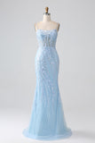 Sparkly Sky Blue Mermaid Spaghetti Straps Corset Long Prom Dress With Sequins