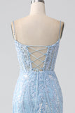 Sparkly Sky Blue Mermaid Spaghetti Straps Corset Long Prom Dress With Sequins