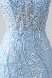 Sparkly Sky Blue Mermaid Spaghetti Straps Corset Long Prom Dress With Sequins