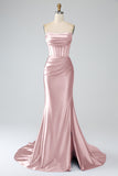 Mermaid Strapless Pleated Corset Long Royal Blue Prom Dress with Slit