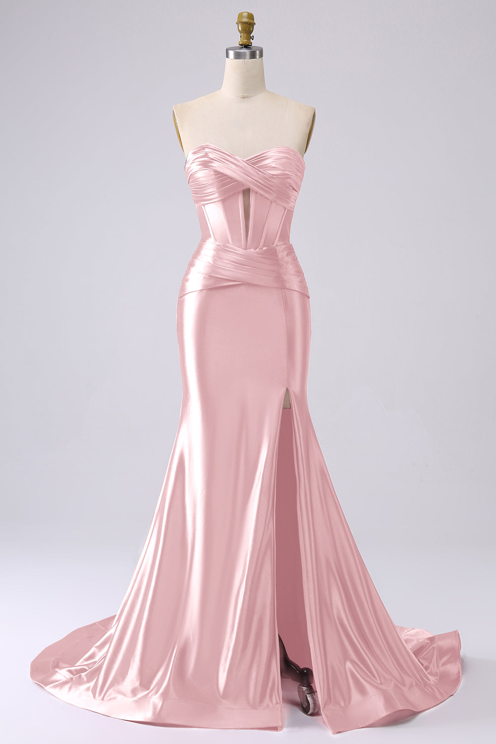 pink corset prom dress with slit A-Line Ruffles Appliques Corset Pink Long Prom Dress with Slit PSK604 US0 / Pink