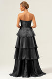 A Line Strapless Tiered Pleated Ruffled Dark Navy Maxi Dress