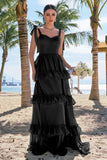 Eucalyptus A-Line Bow Tie Straps Corset Tiered Bridesmaid Dress with Slit