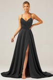 Royal Blue A Line V Neck Pleated Satin Bridesmaid Dress with Slit