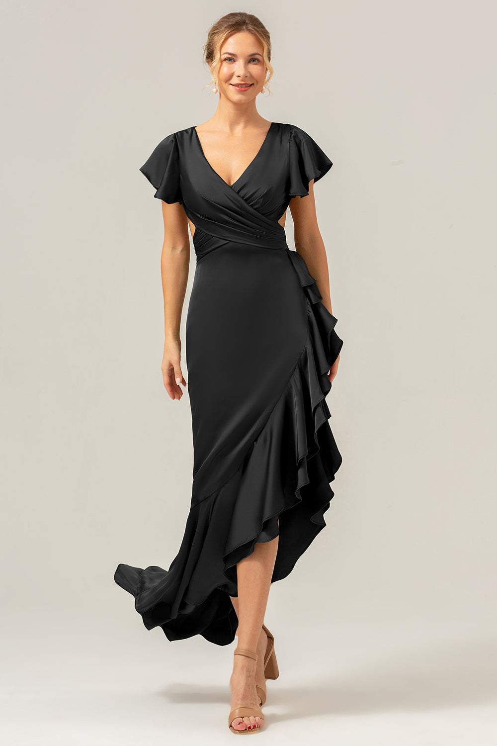 Wedtrend Women Olive Bridesmaid Dress with Ruffles A Line Short Sleeves V Neck Asymmetrical Wedding Guest Dress WEDTREND Wedtrend Women Olive Bridesmaid Dress with Ruffles A Line Short Sleeves V Neck Asymmetrical Wedding Guest Dress WEDTREND