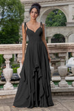 Pine A Line Spaghetti Straps Chiffon Long Asymmetrical Bridesmaid Dress with Ruffles