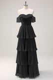 Eucalyptus A-Line Off The Shoulder Tiered Pleated Floor Length Bridesmaid Dress