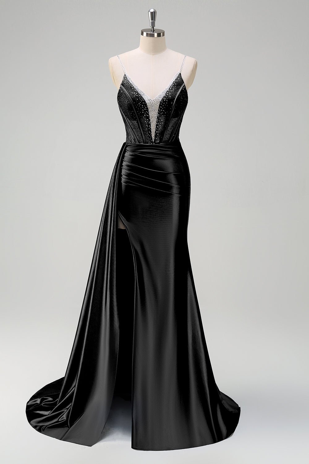 WEDTREND Women Navy Prom Dress With Slit Mermaid Watteau Train Spaghetti Straps Deep V-Neck Corset Beaded Pleated Long Evening Dress WEDTREND Women Navy Prom Dress With Slit Mermaid Watteau Train Spaghetti Straps Deep V-Neck Corset Beaded Pleated Long Evening Dress
