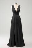 Burgundy A Line Deep V Neck Backless Long Bridesmaid Dress with Slit