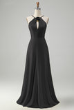 Stylish Yellow A Line Halter Pleated Long Bridesmaid Dress with Flower