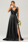 Dark Green A-Line Spaghetti Straps Pleated Satin Long Bridesmaid Dress With Slit