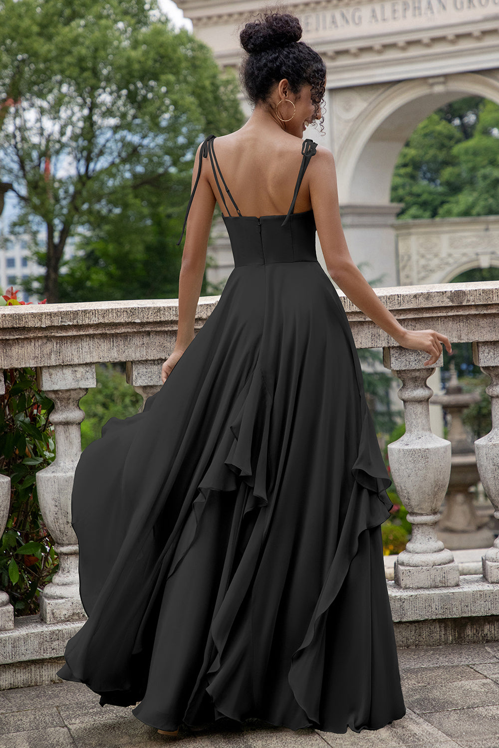 Wedtrend Women Pine Asymmetrical Bridesmaid Dress with Ruffles A Line Spaghetti Straps Chiffon Long Wedding Party Guest Dress, Black / US16