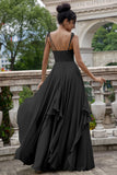 Pine A Line Spaghetti Straps Chiffon Long Asymmetrical Bridesmaid Dress with Ruffles