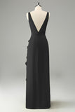 Lime A Line V Neck Floral Ruffle Open Back Bridesmaid Dress with Slit