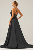 Royal Blue A Line V Neck Pleated Satin Bridesmaid Dress with Slit