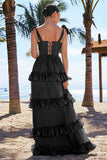 Eucalyptus A-Line Bow Tie Straps Corset Tiered Bridesmaid Dress with Slit