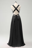 Burgundy A Line Deep V Neck Backless Long Bridesmaid Dress with Slit