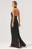 Champagne Sheath Halter Backless Long Satin Bridesmaid Dress with Slit