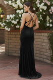 Black Mermaid Velvet Cross Back Formal Dress with Slit
