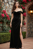 Off The Shoulder Black Sheath Corset Velvet Long Formal Dress with Slit