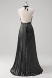 Royal Blue A-Line Halter Pleated Open Back Long Bridesmaid Dress