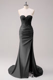 Glitter Fuchsia Mermaid Strapless Ruched Corset Long Prom Dress With Slit