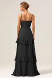 Dark Green A Line V Neck Ruffled Chiffon Tiered Long Bridesmaid Dress with Slit