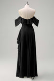 Light Green Sheath Off The Shoulder Chiffon Long Bridesmaid Dress with Ruffle Slit