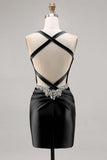 Dark Green Bodycon Corset Backless Satin Homecoming Dress with Rhinestones