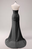 Glitter Fuchsia Mermaid Strapless Ruched Corset Long Prom Dress With Slit