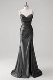 Green Mermaid Spaghetti Straps Corset Pleated Appliqued Long Prom Dress with Slit