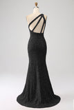 Fuchsia Mermaid One Shoulder Sparkly Sequins Prom Dress with Slit