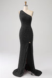 Fuchsia Mermaid One Shoulder Sparkly Sequins Prom Dress with Slit