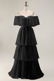 Dark Green Off The Shoulder Tiered A Line Long Bridesmaid Dress