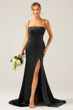 Dark Green Sheath Spaghetti Straps Pleated Long Bridesmaid Dress With Slit